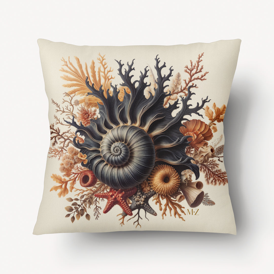 Housse de Coussin ABYSSES - Fond Marin Nautilus Noir sur fond écru mzelle design