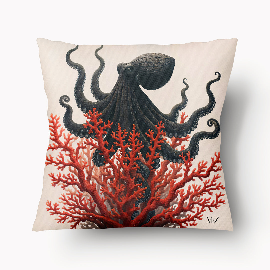 Housse de Coussin ABYSSES - Fond Marin Pieuvre et Coraux noir écru et rouge MZelle design
