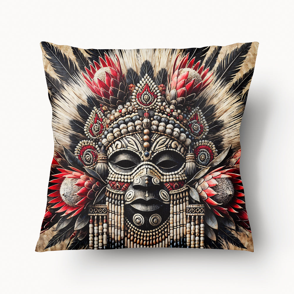 Housse de Coussin AFRIQUE Mzelle Design - Masque africain avec des plumes, des perles, des motifs tribaux et des fleurs