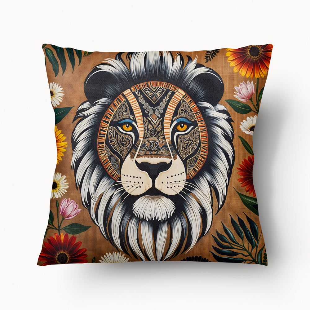 Housse de Coussin AFRIQUE Mzelle Design - tête de lion avec des motifs tribaux et des fleurs