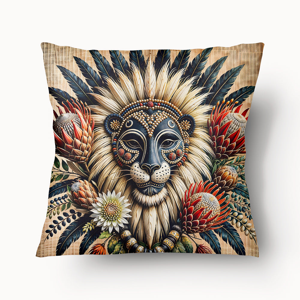 Housse de Coussin AFRIQUE Mzelle Design - Masque africain avec des plumes, des perles, des motifs tribaux et des fleurs
