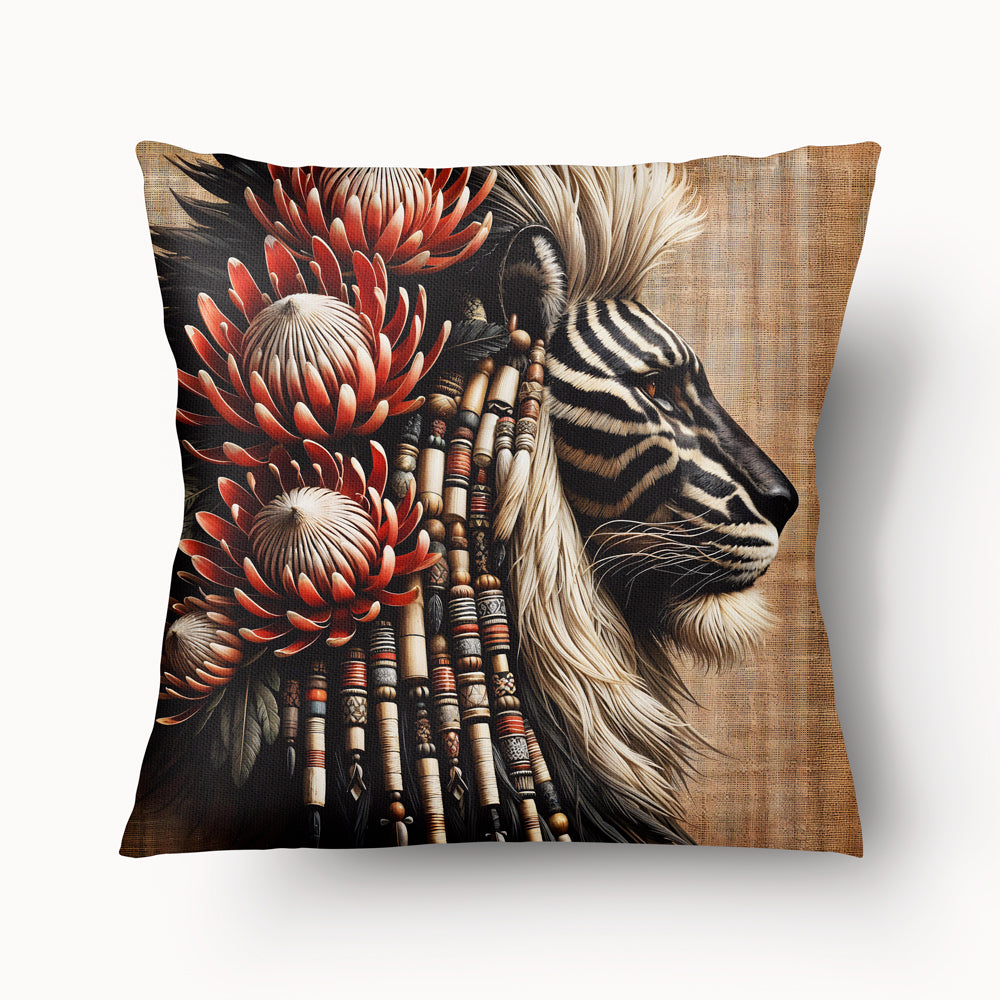 Housse de Coussin AFRIQUE Mzelle Design - Tête de lion orné de perles, de motifs tribaux et des fleurs