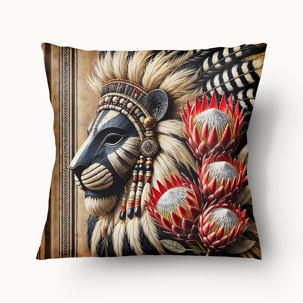 Housse de Coussin AFRIQUE Mzelle Design - Masque de lion avec des plumes, des perles, des motifs tribaux et des fleurs