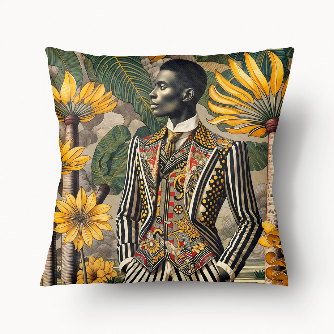 Housse de Coussin AFRIQUE - Duo Sapeur Celestin Dubagou recto fond palmier mzelle design