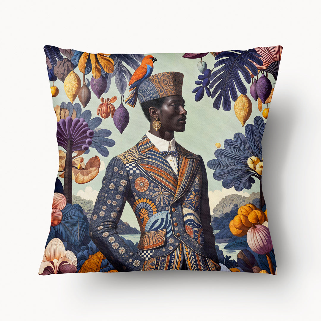 Housse de Coussin AFRIQUE - Duo Sapeur Nélius Dante  tons violet et bleu glace Mzelle design recto