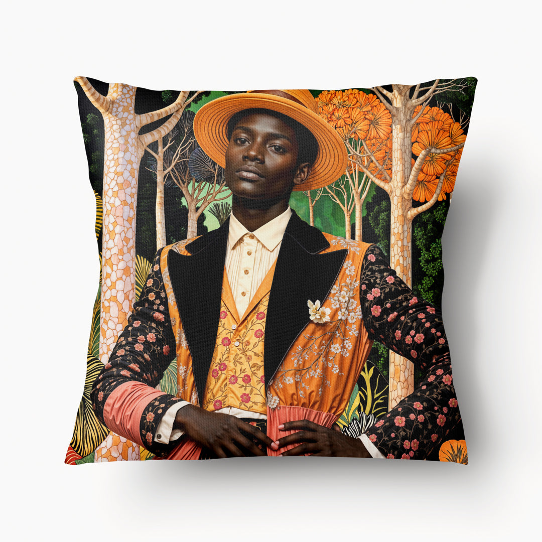 Housse de Coussin AFRIQUE marque MZelle Design - Bel africain Sapeur avec un chapeau et une tenue originale brodée