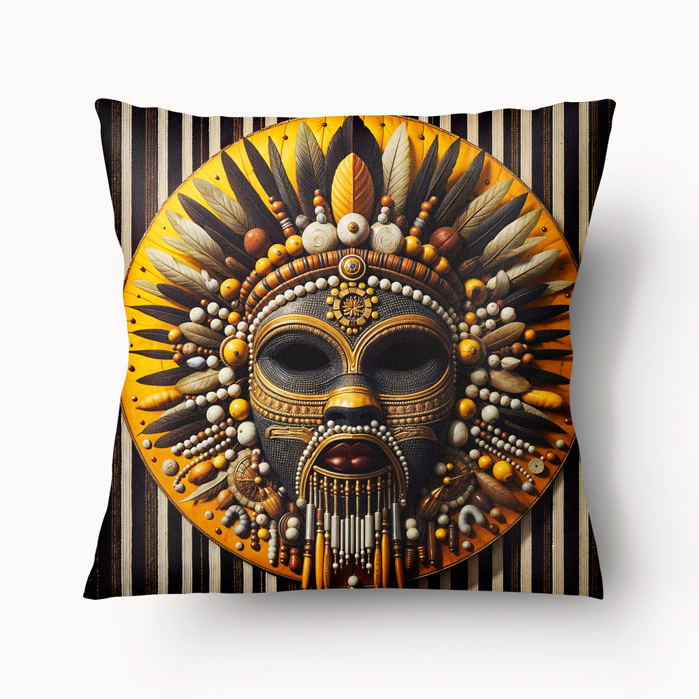 Housse de Coussin AFRIQUE MZelle Design - motif décoratif masque tribal africain orné de perles ton Jaune