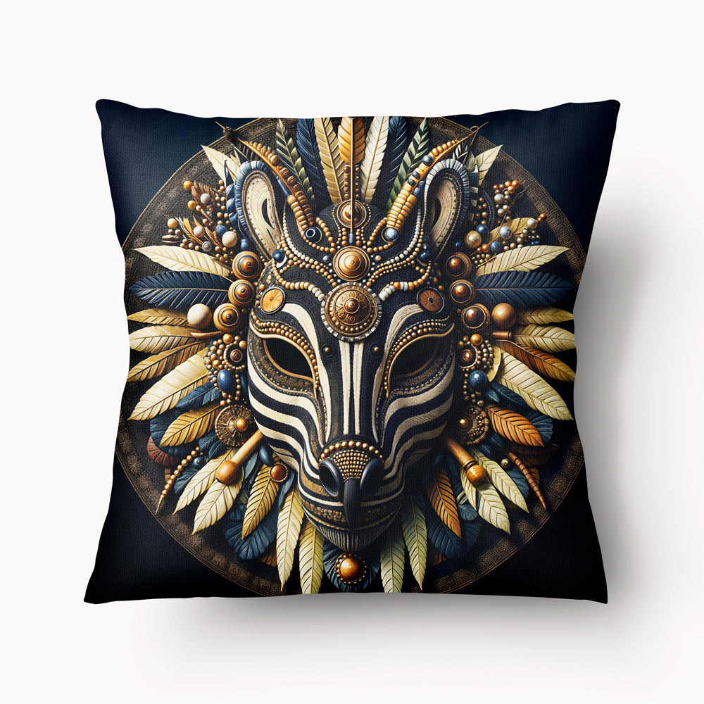 Housse de Coussin AFRIQUE MZelle Design - motif décoratif tête de zèbre ornée de plumes et perles ton bleu et beige