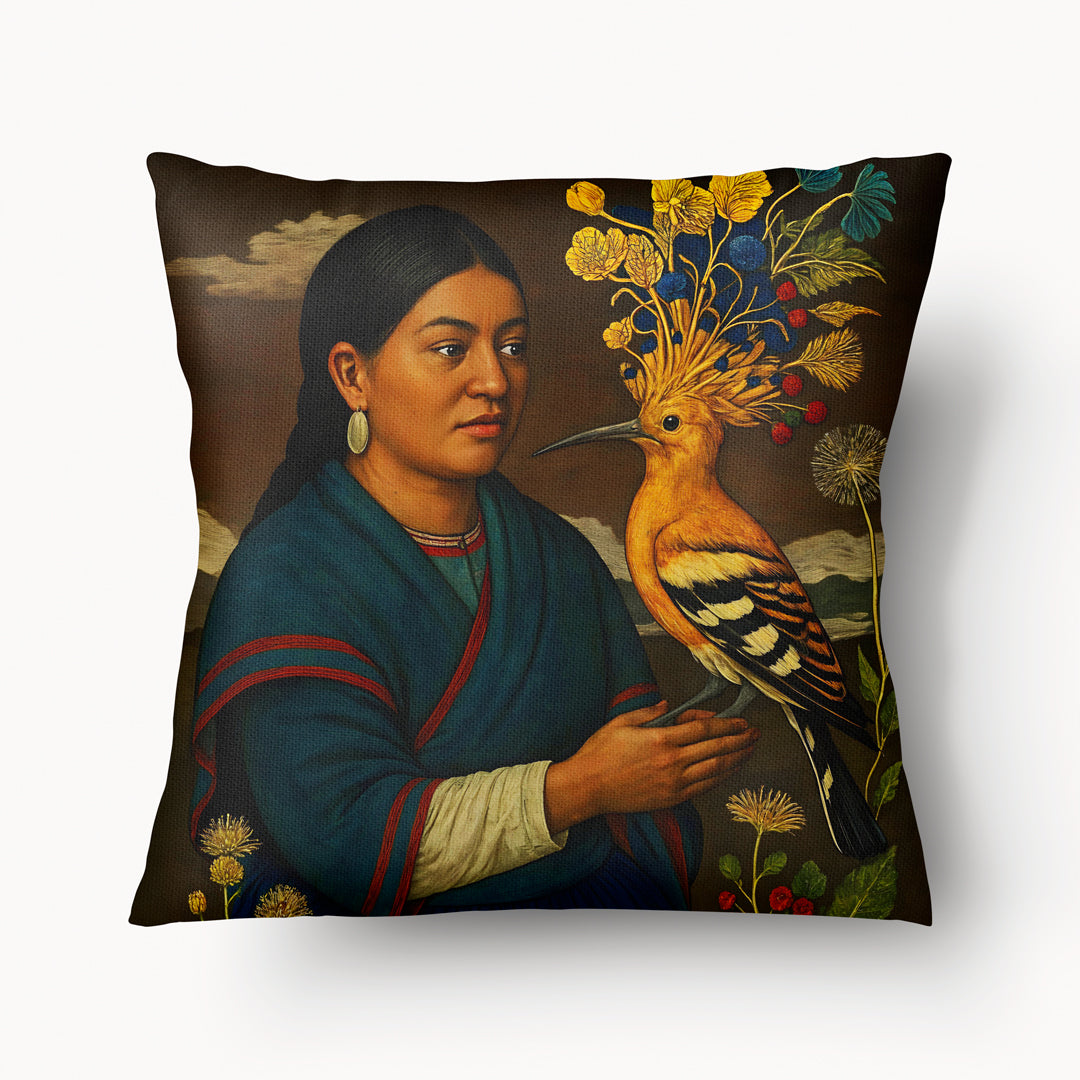 Superbe coussin Mzelle design, portrait poétique d'une amérindienne et oiseau huppe crête luxuriante, inspiration Amérique Latine