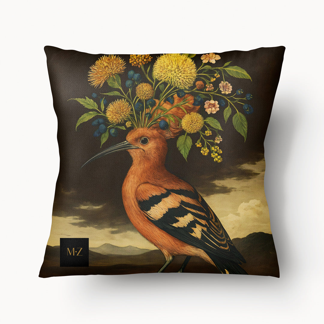 Coussin AMERIQUE LATINE mzelle design, oiseau huppe superbe plumage avec des fleurs
