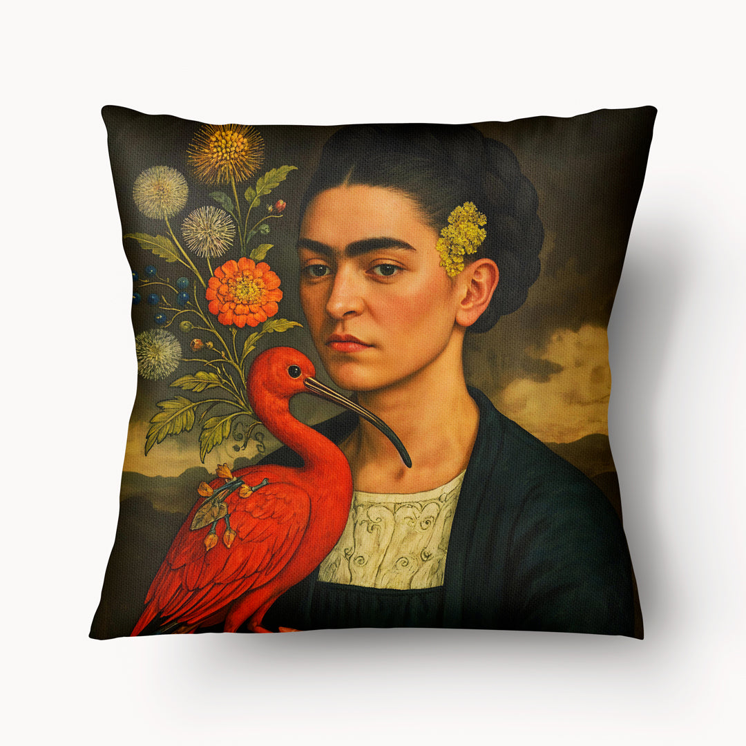 Superbe coussin réversible avec un portrait artistique de Frida Kahlo avec un oiseau Ibis rouge Marque Mzelle Design