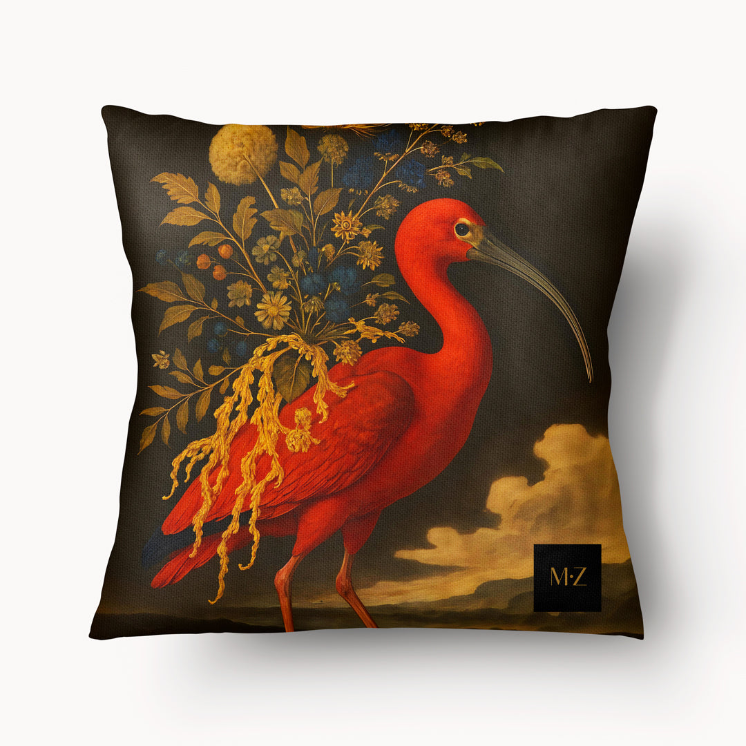 Coussin avec un superbe oiseau Ibis rouge orné de fleurs et feuilles Marque MZelle Design