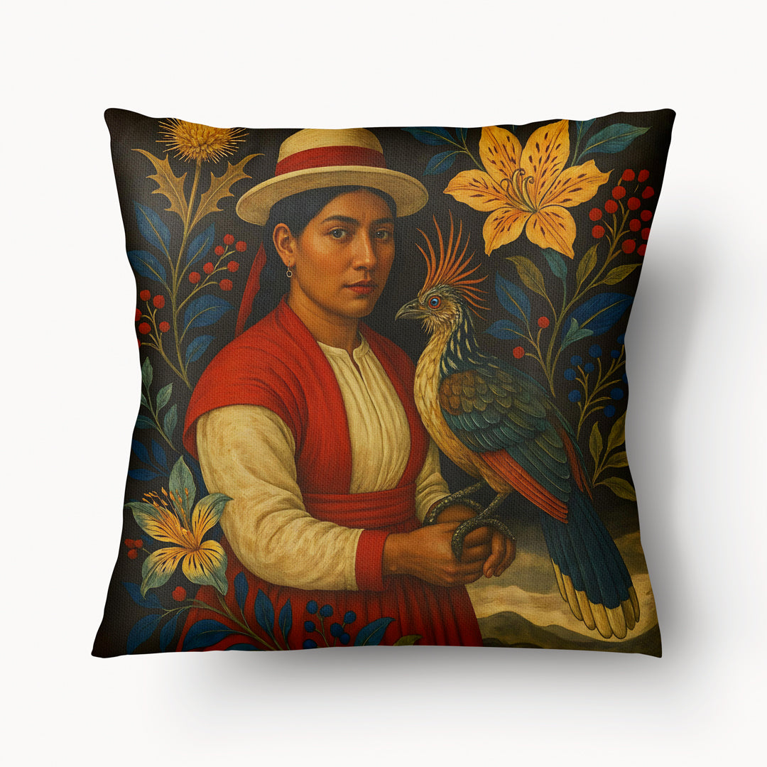 Coussin Mzelle Design, thème décoration amérique latine avec une bolivienne vêtue de rouge et de blanc tenant un oiseau hoazin
