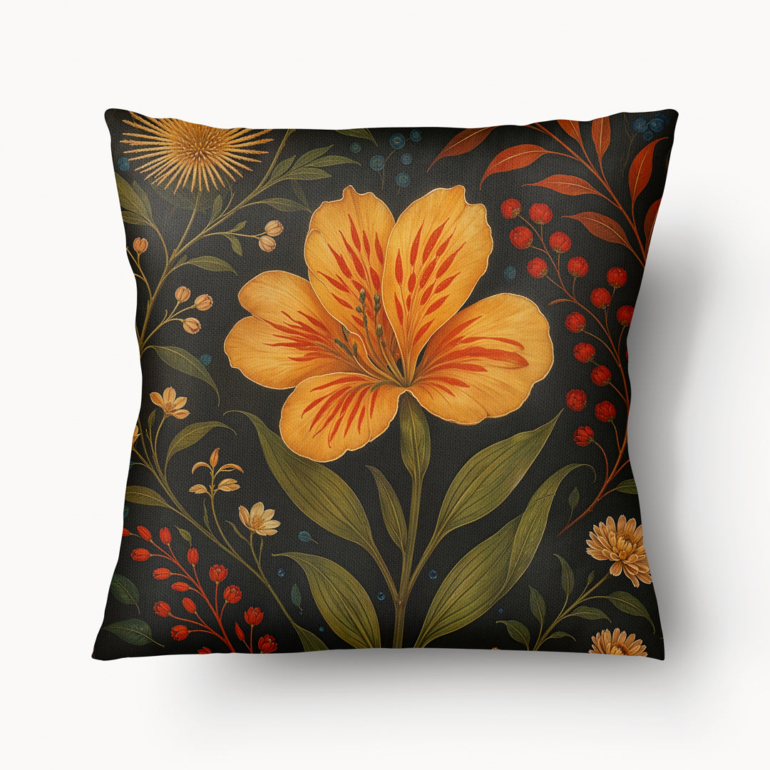 Coussin Mzelle Design, thème décoration amérique latine avec une fleur jaune sur fond marron foncé