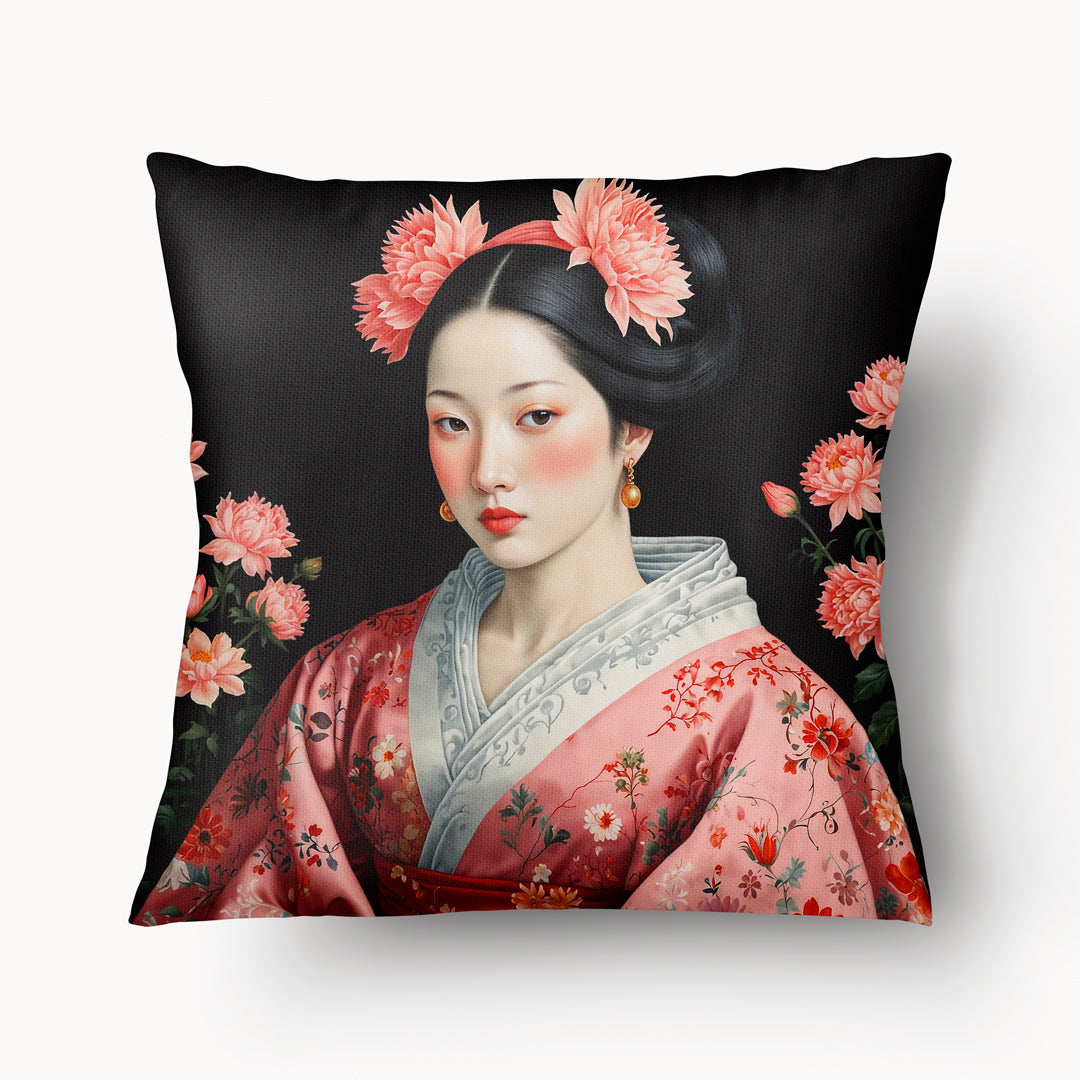 Housse de Coussin ASIE - magnifique portrait de geisha avec des pivoines roses MZelle Design