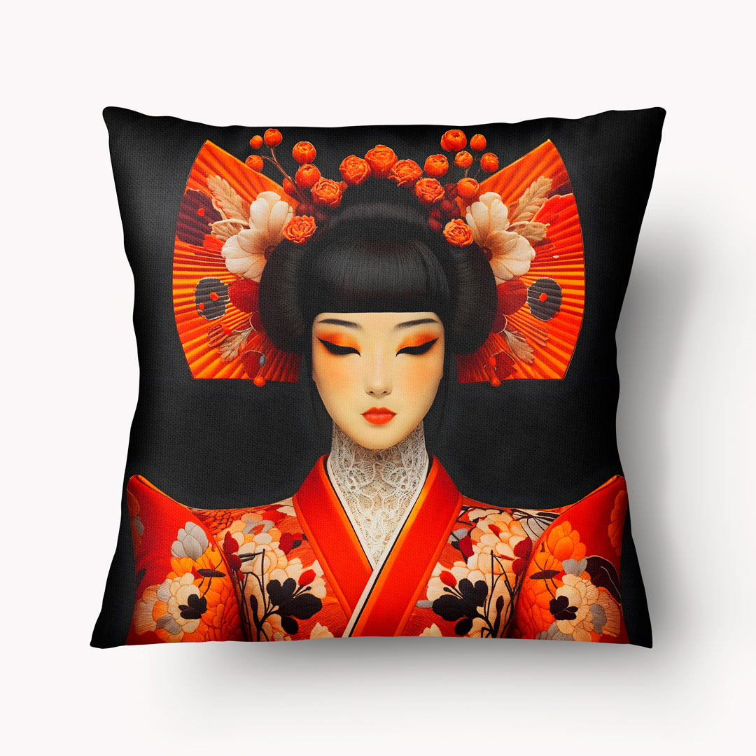 Housse de Coussin ASIE - Portrait Femme de Théâtre avec un Camélia Orange sur fond noir Mzelle design