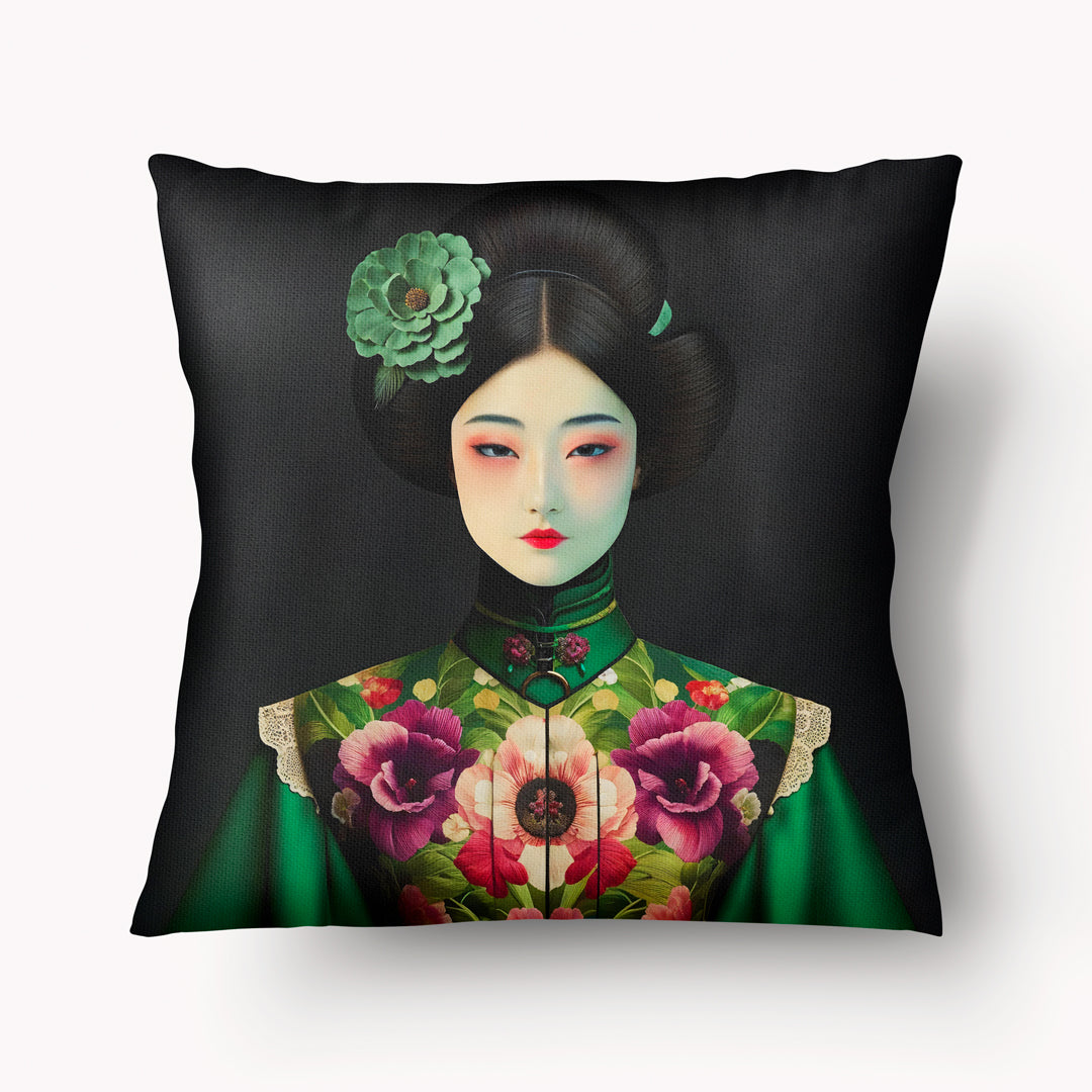 Funda de cojín ASIA - Retrato teatral de magnolia verde - 45 cm