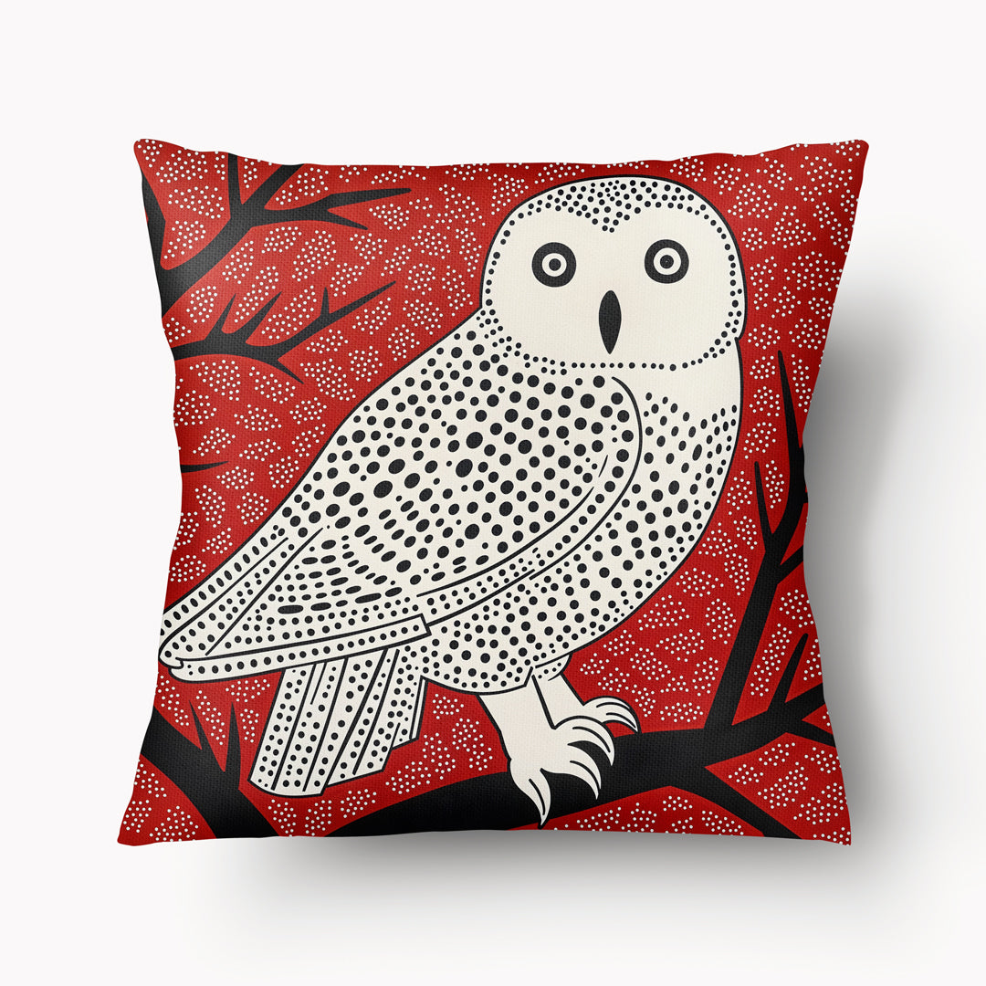 Housse de Coussin BESTIAIRE - Chouette Harfang des Neiges Duo écru et noir sur fond Rouge Mzelle design