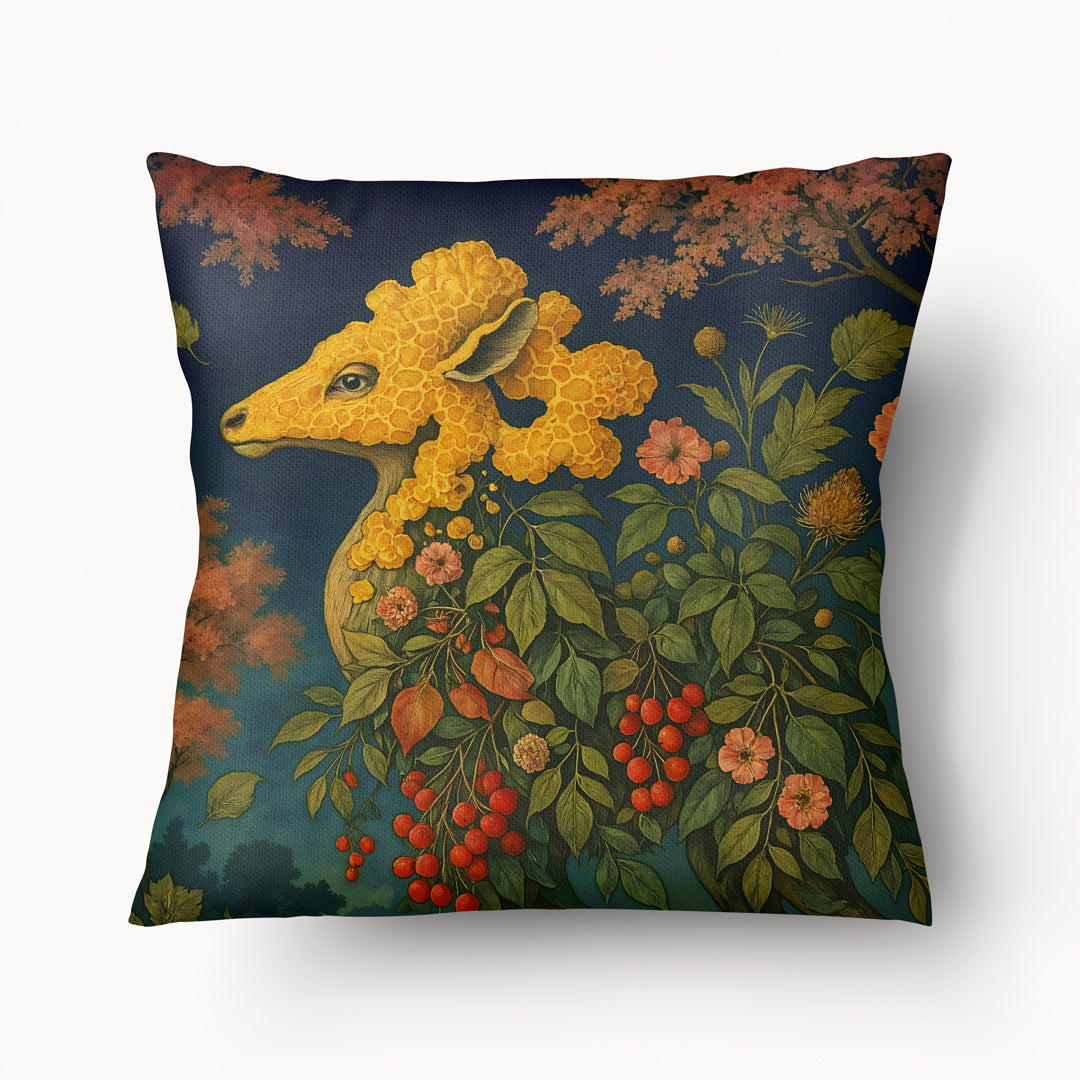 Housse de coussin Mzelle design représentant Chrysomallos, créature mythique mi-bélier mi-fleur, imprimé singulier aux accents légendaires et poétiques.