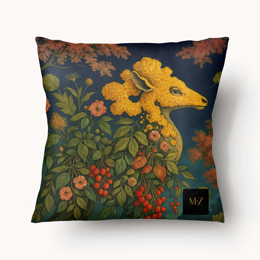 coussin Mzelle design représentant Chrysomallos, créature mythique mi-bélier mi-fleur, imprimé singulier aux accents légendaires et poétiques.