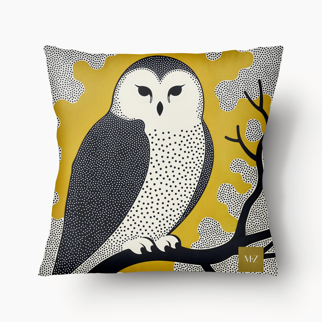 Housse de Coussin BESTIAIRE artistique - Chouette Effraie La Charmeuse verso sur fond jaune pointillisme Mzelle design