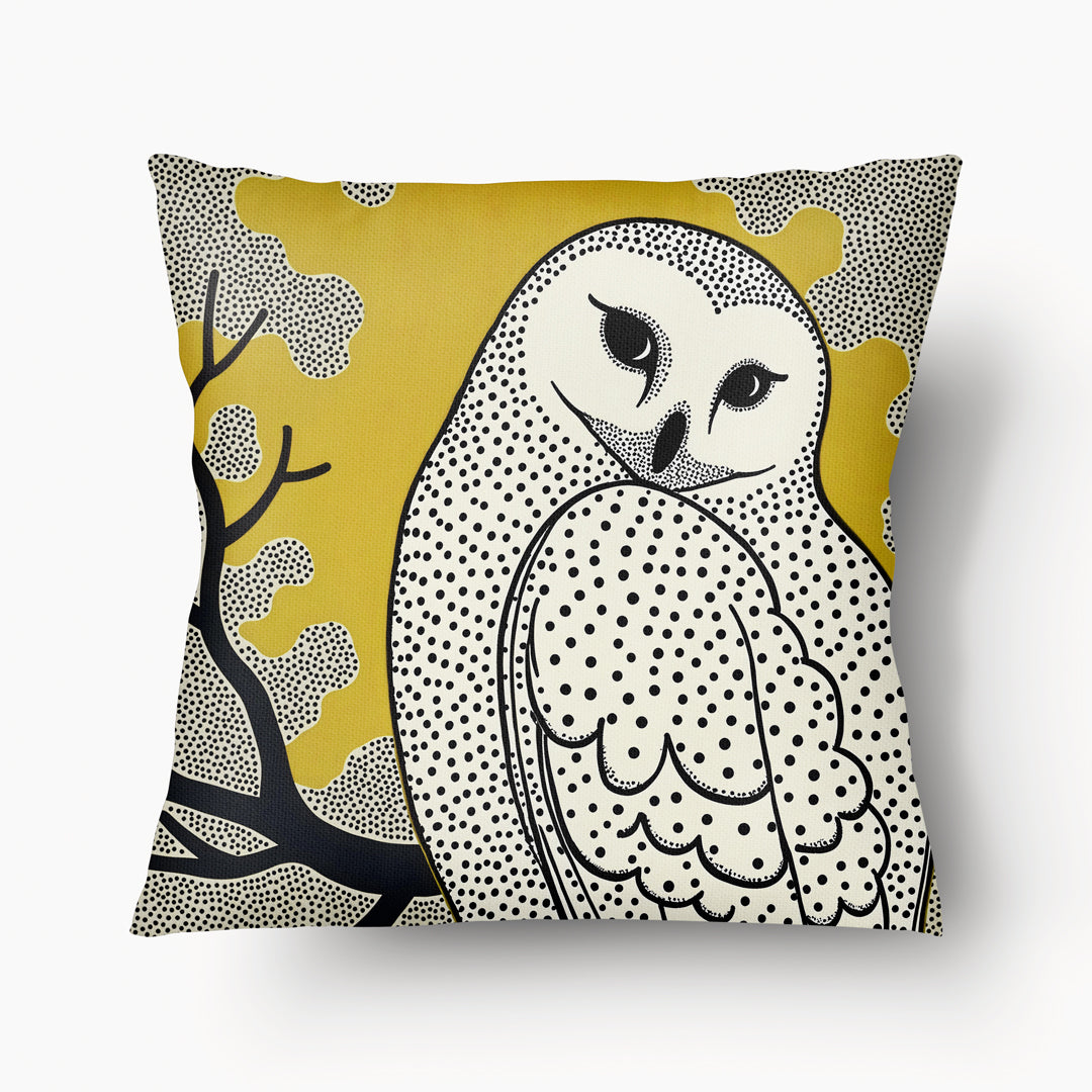 Housse de Coussin BESTIAIRE - Duo Chouette Effraie La Charmeuse recto sur fond jaune mzelle design