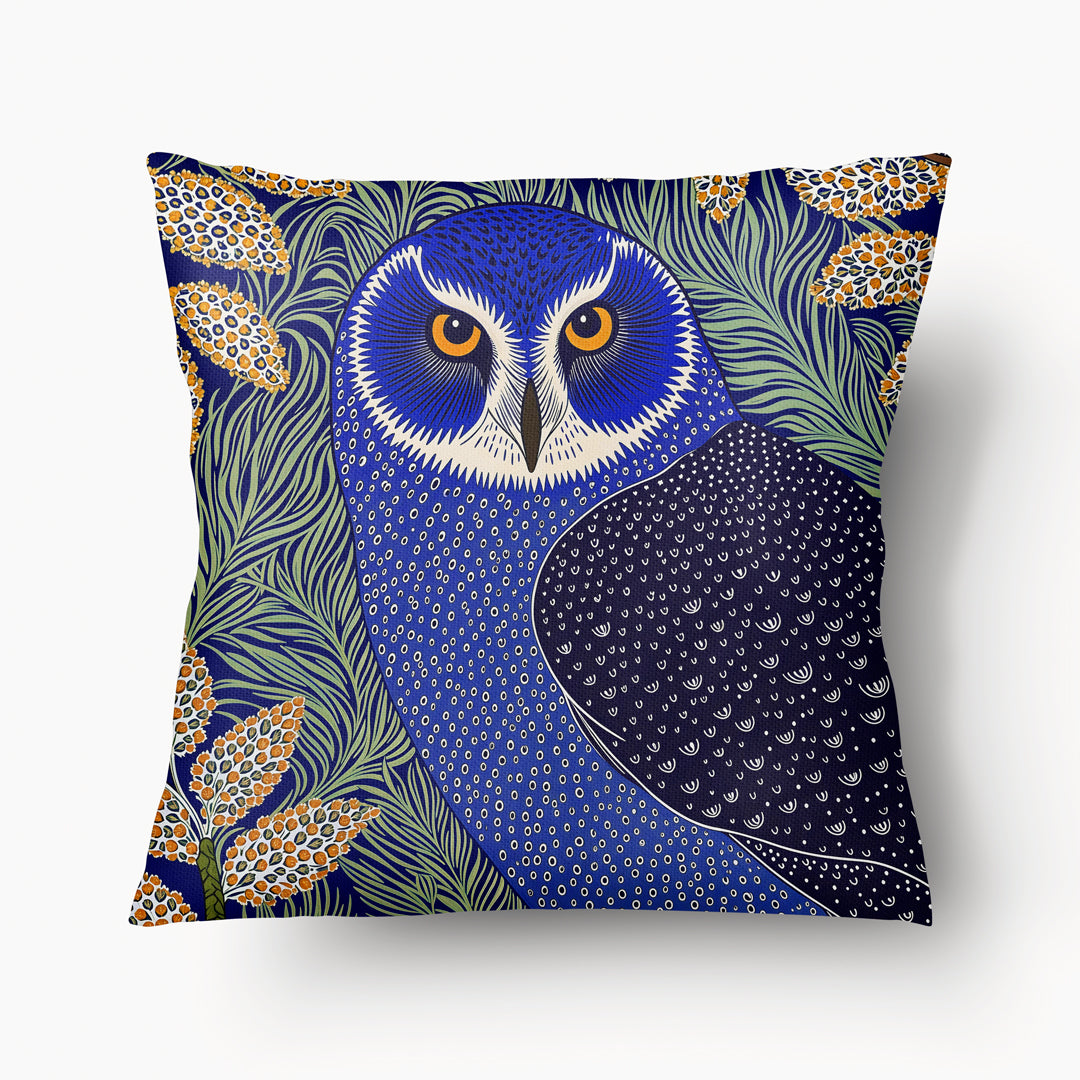Housse de Coussin BESTIAIRE - portrait artistique de Chouette Hulotte Hildrid Bleu mzelle design