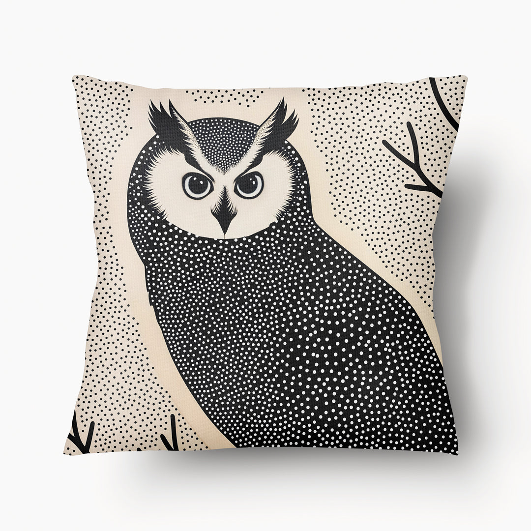 Housse de Coussin BESTIAIRE - Duo Hibou Grand Duc Graphique noir et écru avec des points mzelle design