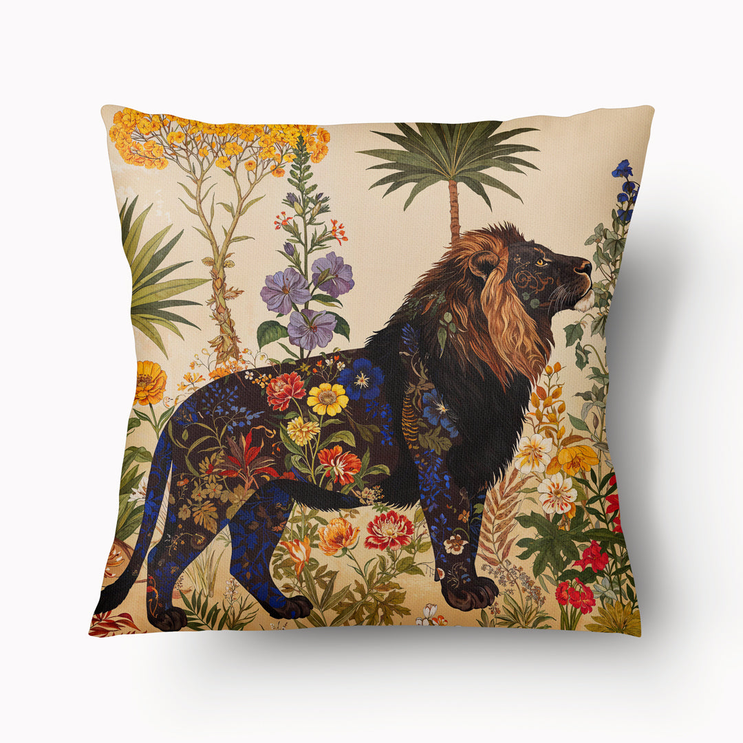 Housse de Coussin BESTIAIRE - Lion décoré de fleurs dans une Jungle Poétique Nunko Mzelle design