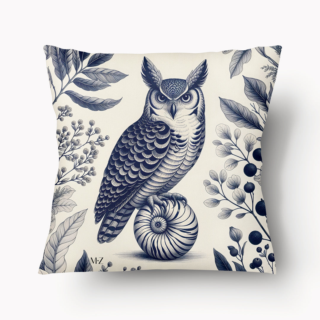 Housse de Coussin BESTIAIRE artistique - Duo Naturaliste Hibou et Nautilus fond herbier gris et écru mzelle design