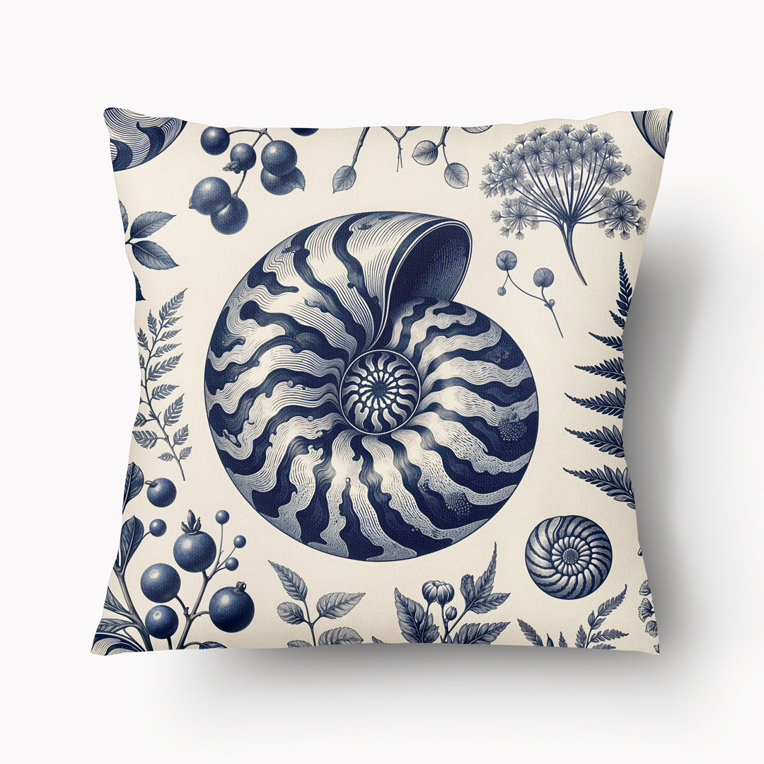 Housse de Coussin BESTIAIRE artistique - Motif Naturaliste de Nautilus fond herbier gris et écru mzelle design