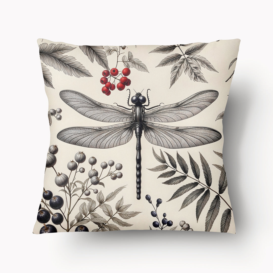 Housse de Coussin BESTIAIRE - Duo Naturaliste Libellule et Nautilus gris sur fond écru avec un herbier Mzelle Design