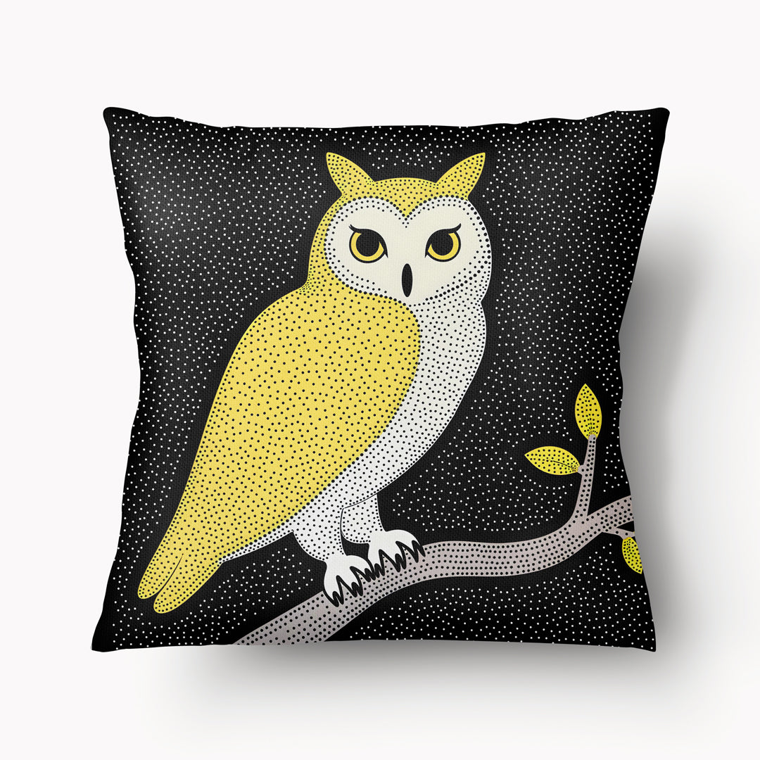 Housse de Coussin BESTIAIRE - Hibou Graphique Jaune et blanc sur fond Noir à points blancs MZelle design