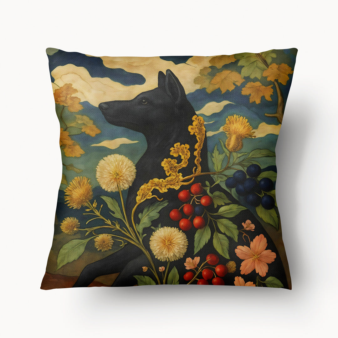 Coussin Mzelle design, Grand Chien Noir, bestiaire mystérieux et floral, alliance entre imaginaire mythologique et art décoratif.