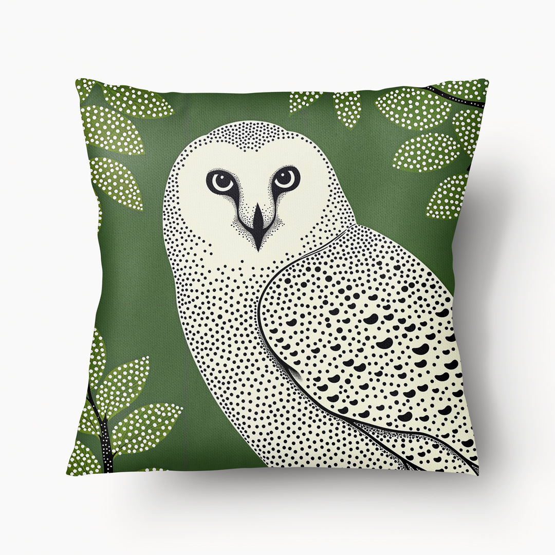 Housse de Coussin BESTIAIRE - Portrait Graphique Chouette Effraie Vert Kaki MZelle design