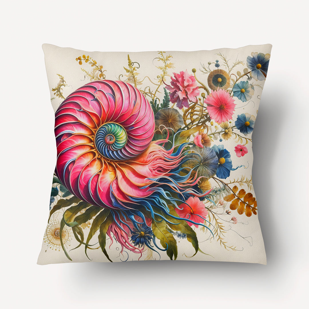 Housse de Coussin CARAÏBE - coquilage Nautilus et Poisson Tropical Rose fond écru MZelle Dessign