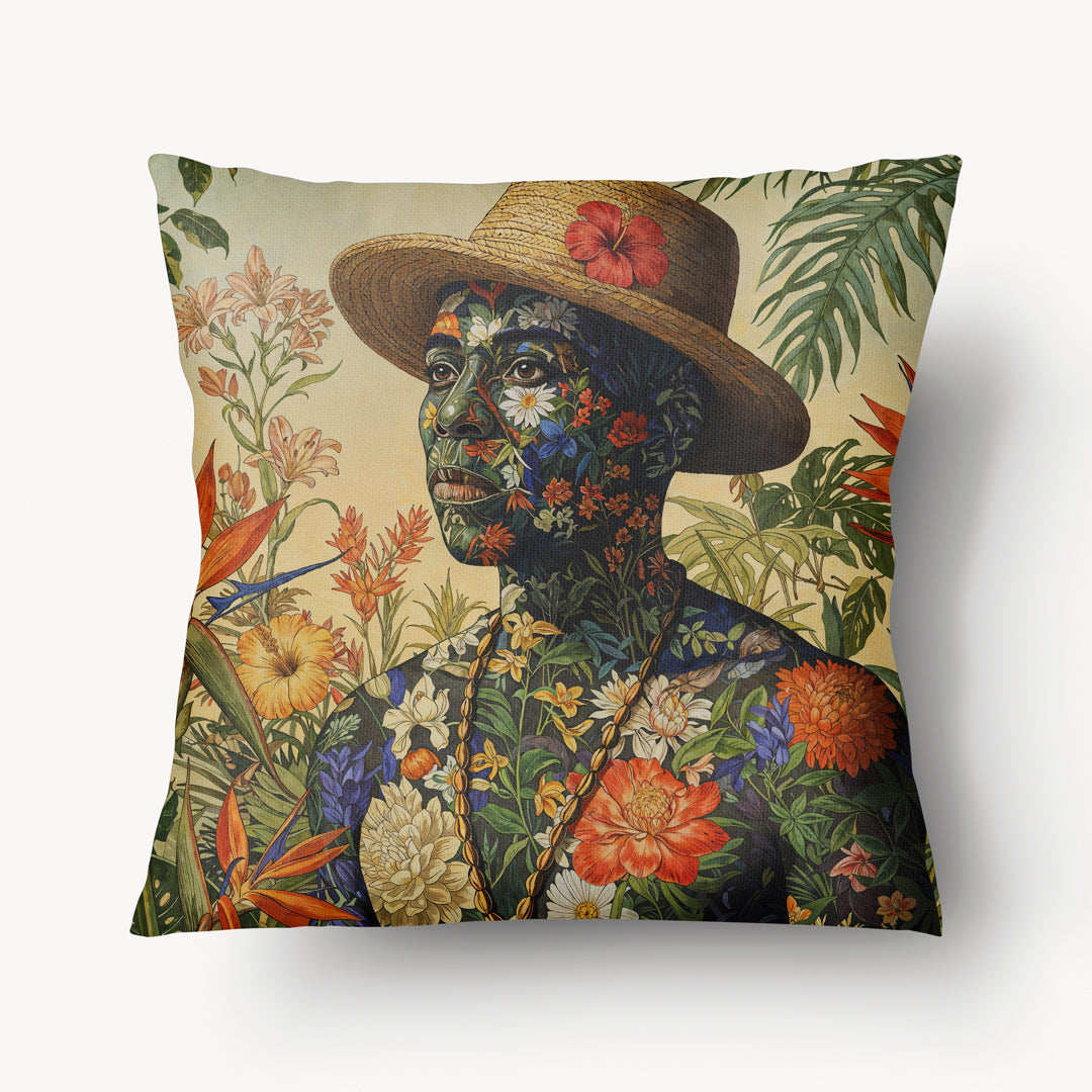 Housse de Coussin CARAÏBE - Portrait artistique d'un Homme créole avec un chapeau et recouvert de végétation tropicale MZelle Design
