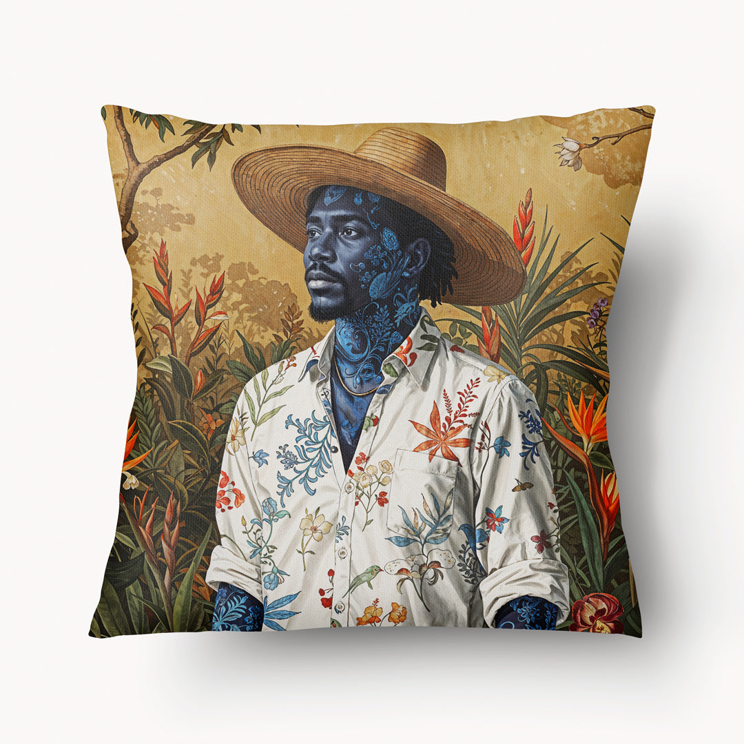 Housse de Coussin CARAÏBE - Homme créole avec un chapeau de paille dans un paysage tropical Mzelle Design