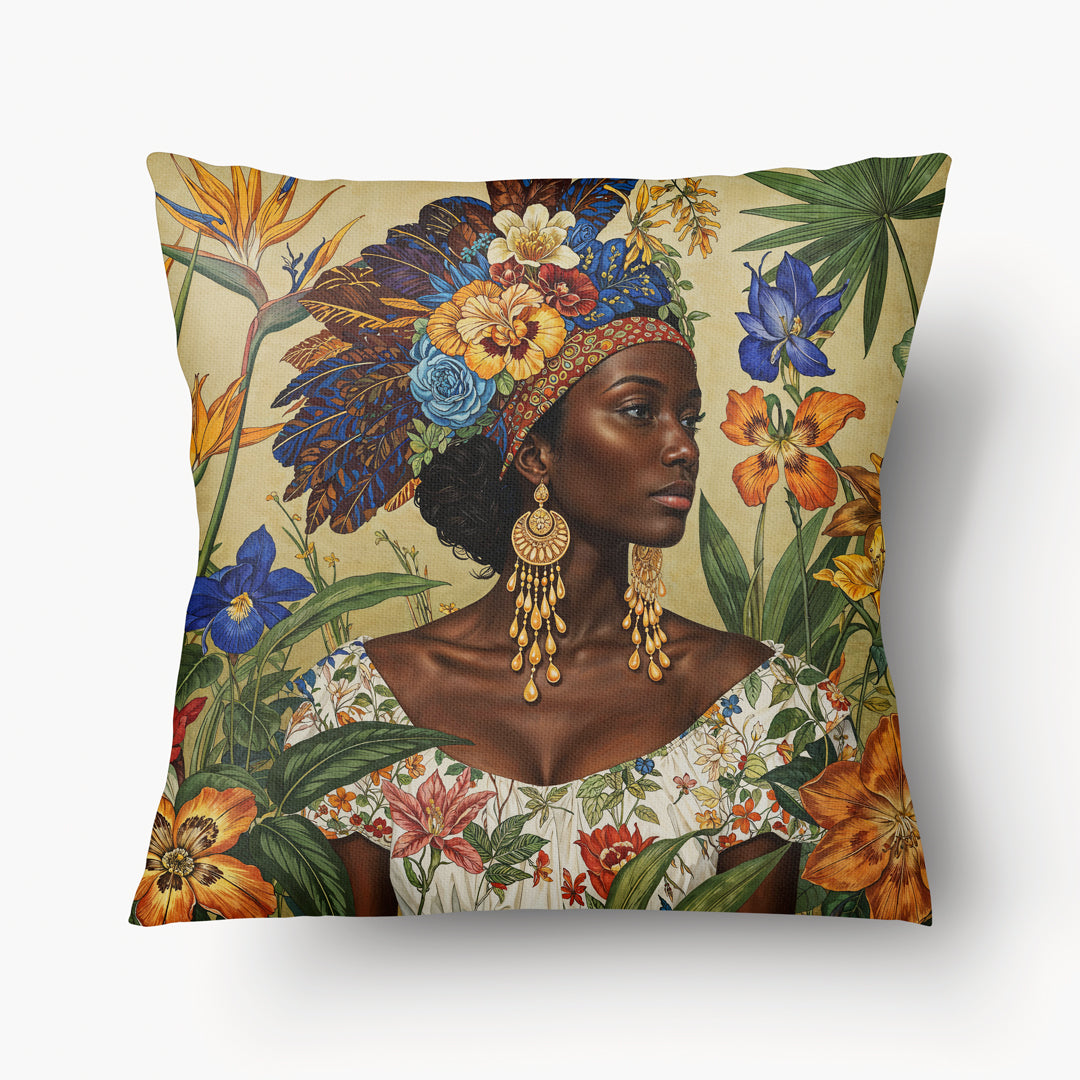 Housse de Coussin CARAÏBE - Portrait de belle femme créole coiffée de plumes et fleurs dans un jardin tropical MZelle Design