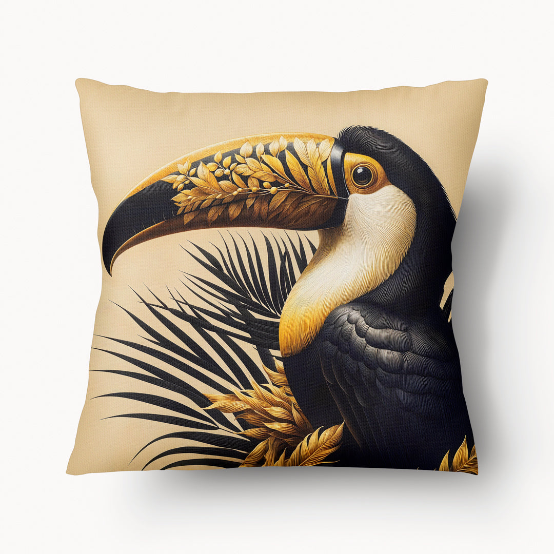 Housse de Coussin CARAÏBE - Duo Toucans Coari Noir et Jaune avec un bec décoré de feuilles Mzelle design