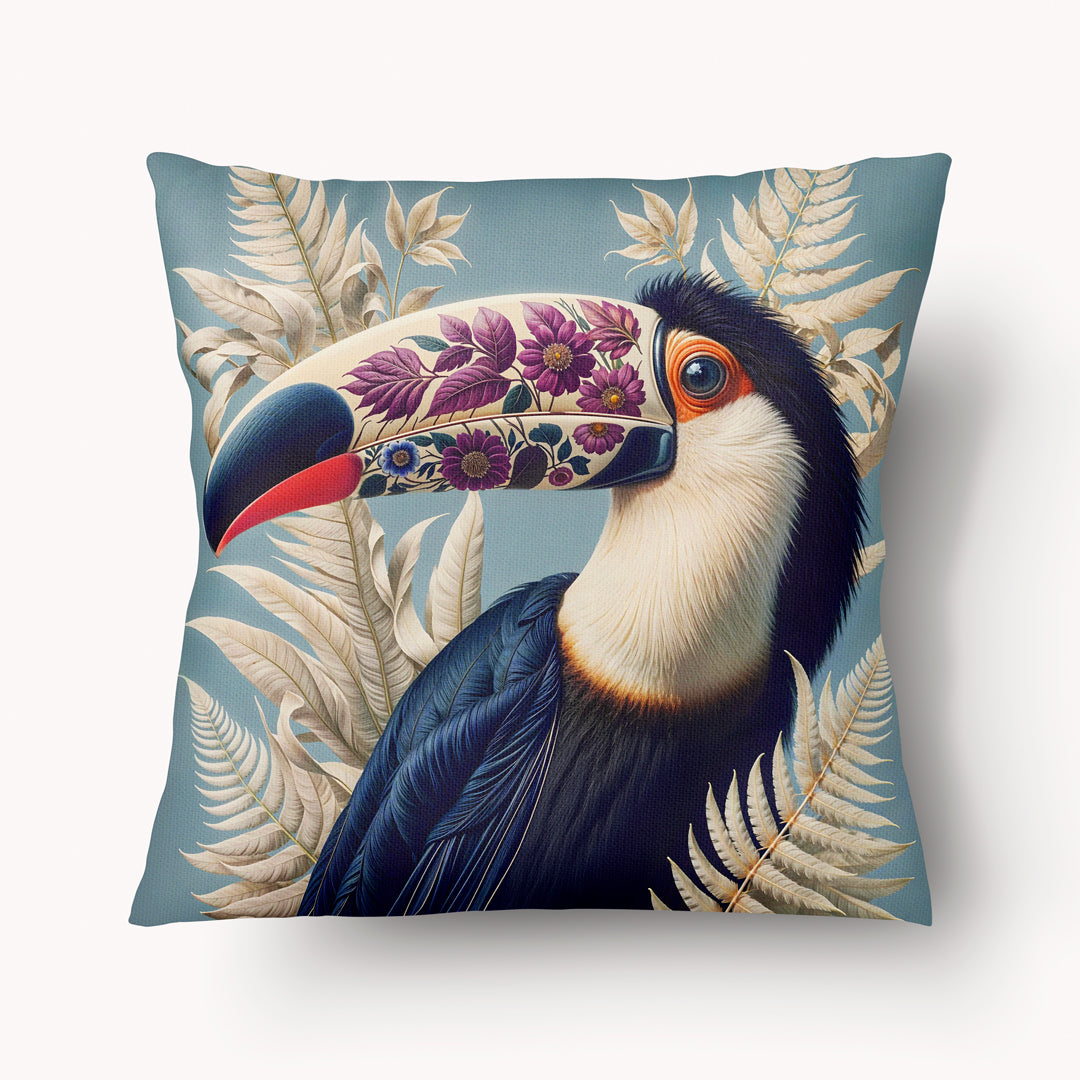 Housse de Coussin CARAÏBE - Duo Toucans Cruzeiro au bec richement décoré sur fond Bleu Glacier mzelle design