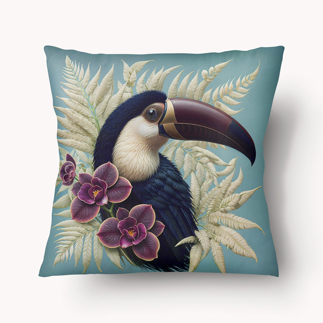 Housse de Coussin CARAÏBE - Duo Toucans Cruzeiro décoré de deux orchidées mauves sur fond Bleu Glacier mzelle design