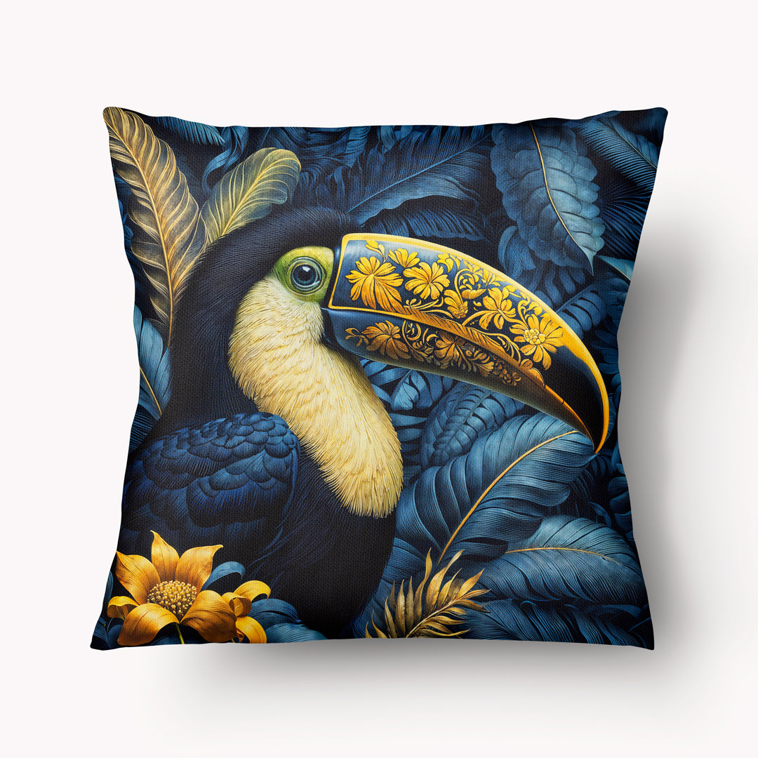 Housse de Coussin CARAÏBE - Superbe toucan Kuros Bleu sur fond de feuilles mzelle design