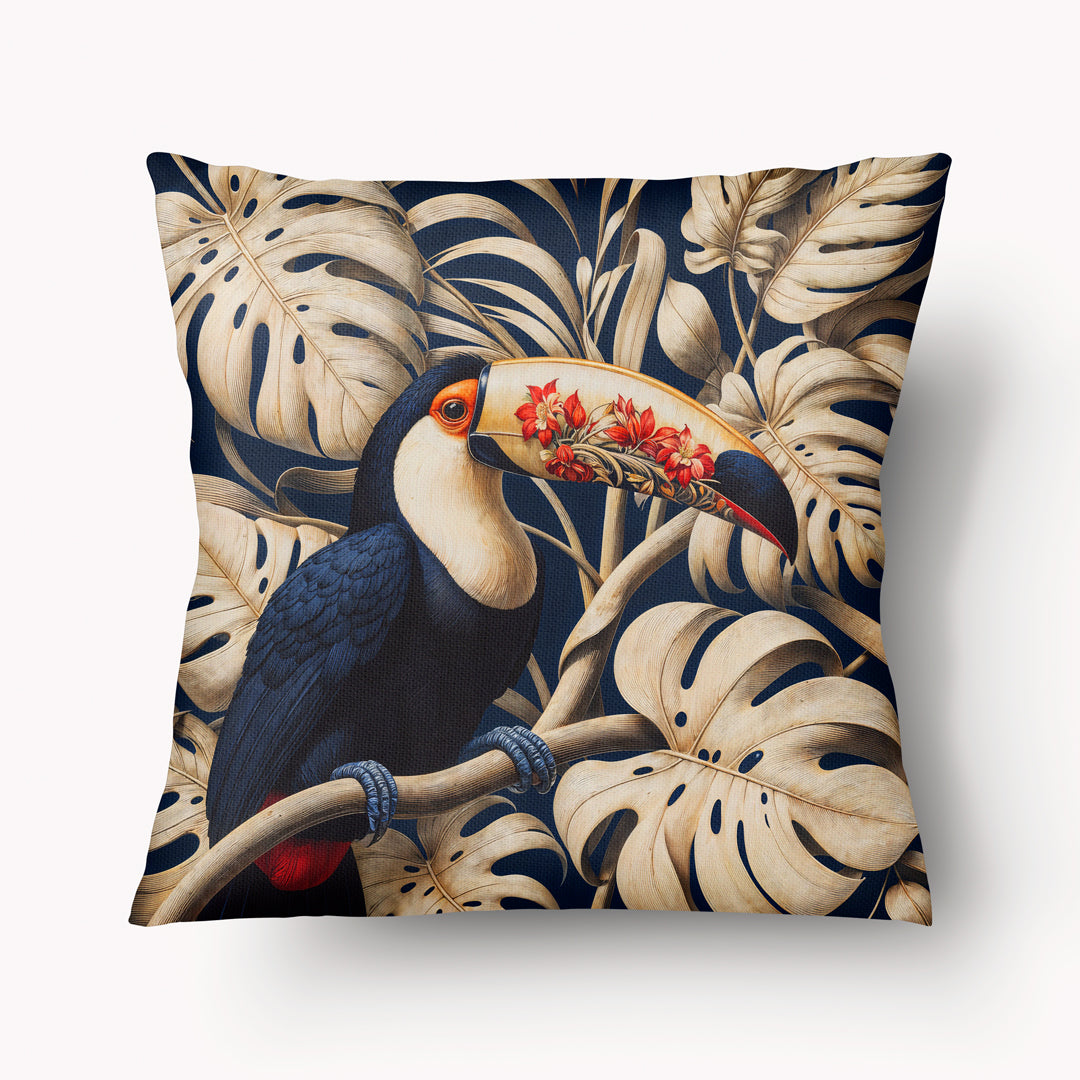 Housse de Coussin CARAÏBE - Grand Toucan au milieu de feuilles de monstera Palikur Jungle sur fond bleu marine mzelle design
