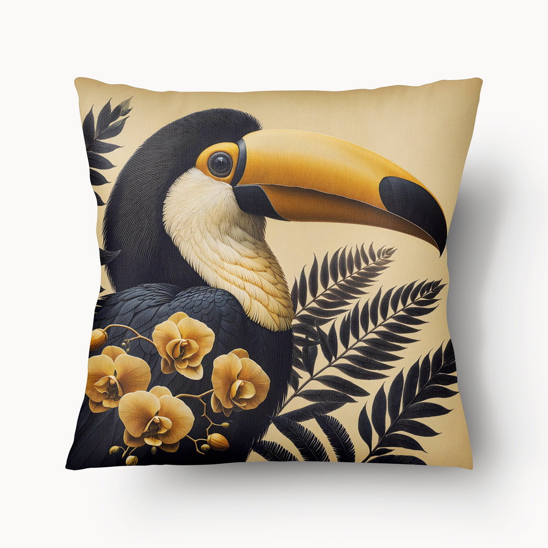 Housse de Coussin CARAÏBE - Duo Toucans Wayana Orchidées  jaune et noir avec des fougèresMzelle design