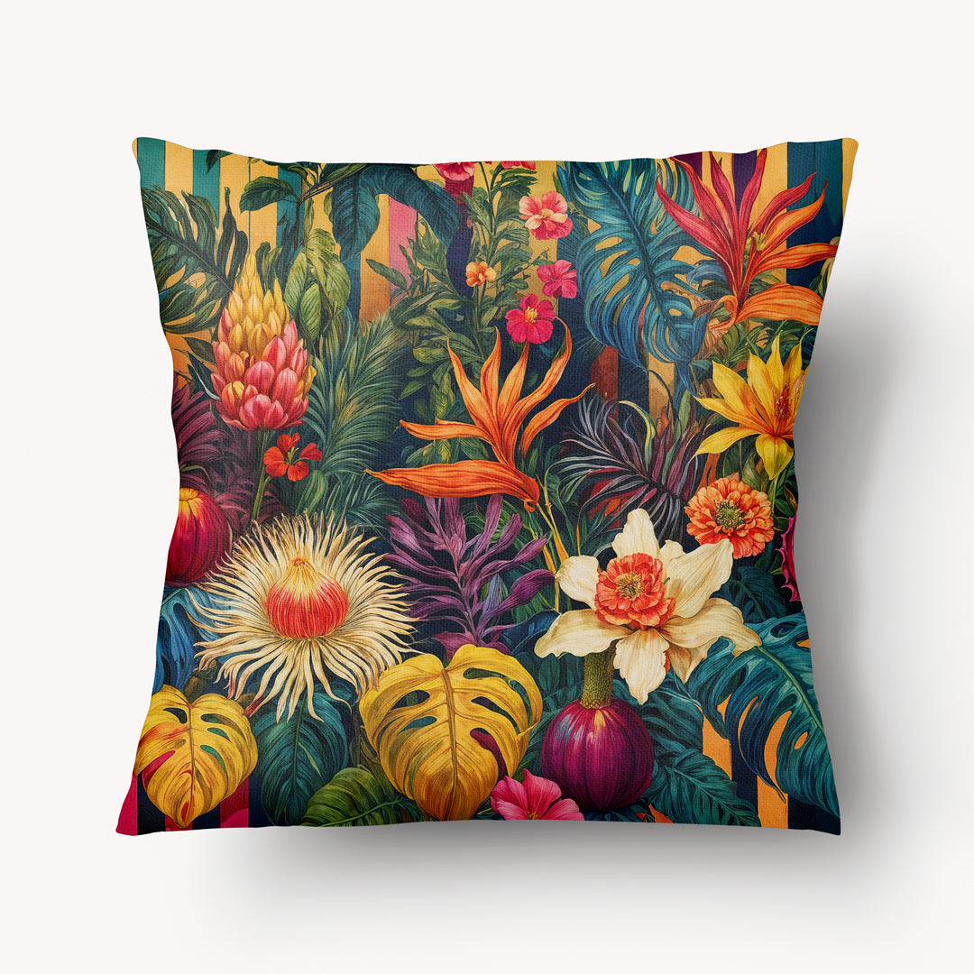 Housse de Coussin CARAÏBE - Jardin Tropical avec des fleurs colorées et des rayures dans le fond Mzelle Design