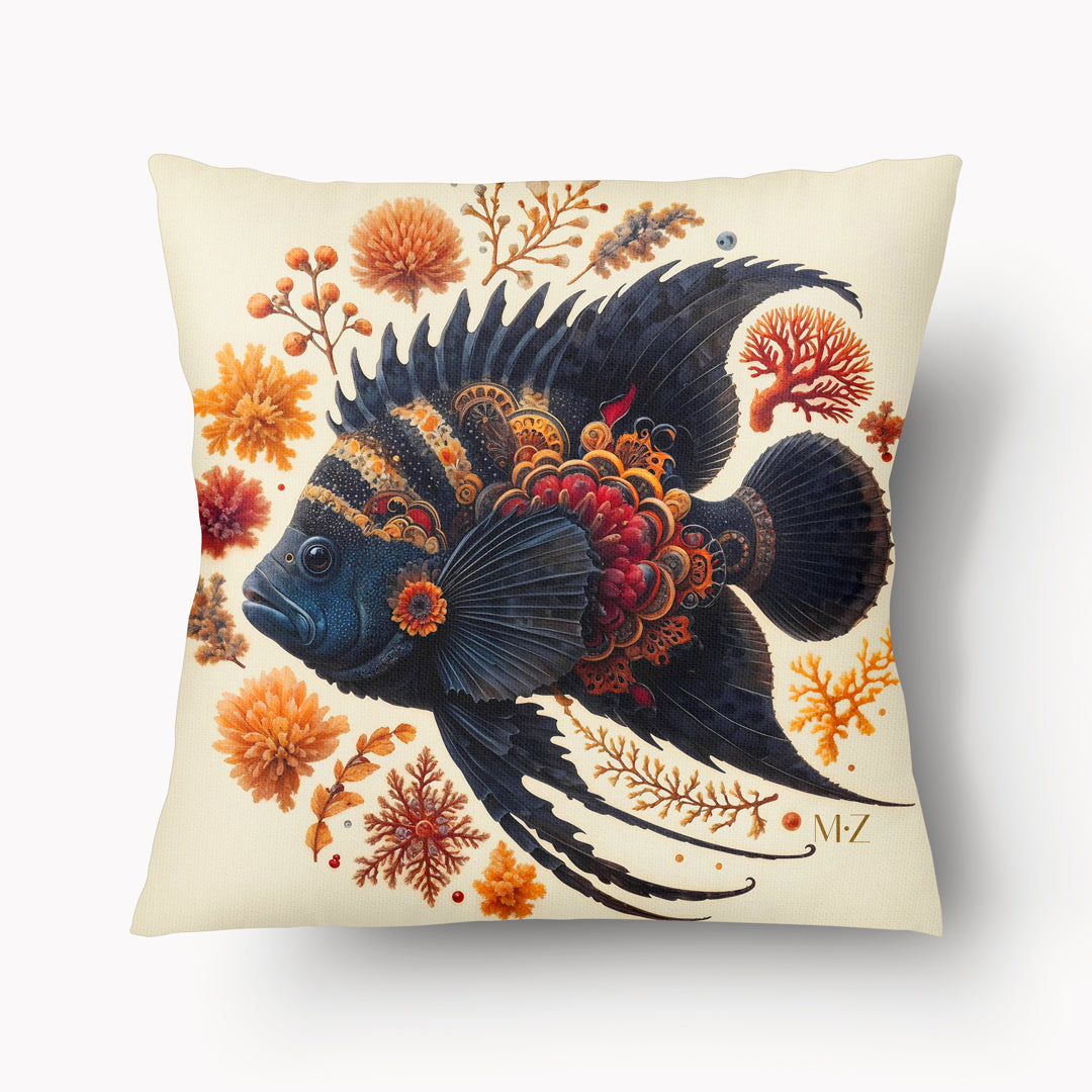 Housse de Coussin CARAÏBE - Poisson Tropical avec des algues sur fond écru mzelle design