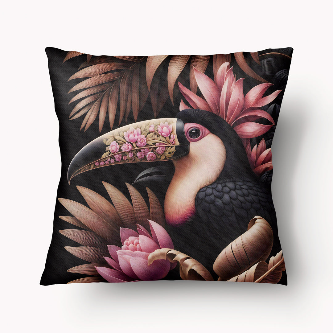 Housse de Coussin CARAÏBE - Portrait Toucan Rose et Noir dans la jungle Mzelle Design