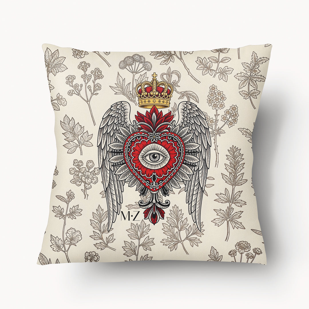 Housse de Coussin EX VOTO - Coeur Rubis Ardent Herbier Écru et Marron Mzelle design