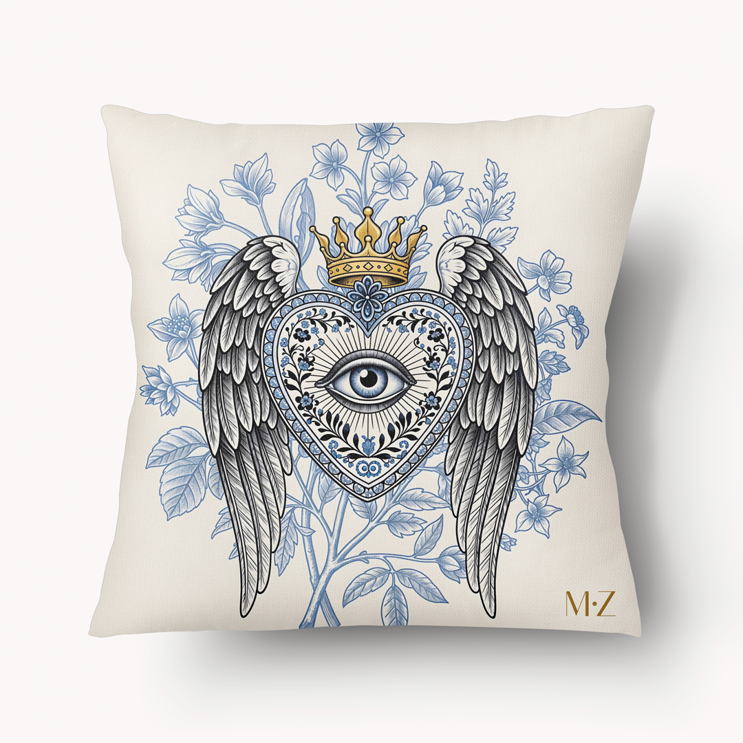 Housse de Coussin EX VOTO Mzelle design -  motif liturgique coeur avec un oeil et des ailes sur fond d'herbier bleu et écru